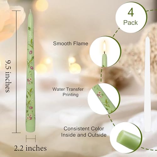 Scandinavian Tall Candle 10 in Green Printed Taper Candles Hand Printing Candlesticks Unscented Smokeless Tapered Candle Sticks for Home Decor Rustic Wedding Simple Modern, 4 Pack - Image 3