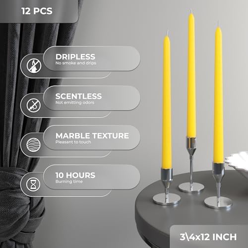 CANDWAX 12 inch Yellow Taper Candles Set of 12 - Unscented Smokeless Dripless Yellow Candles - Perfect for Home Décor, Special Occasions and Ordinary Dinners - Easter Candlesticks - Image 3