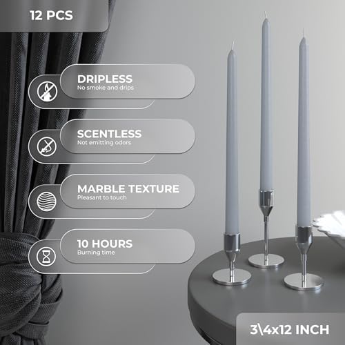 Candwax 12 inch Taper Candles Set of 12 - Dripless and Smokeless - Slow Burning Candle Sticks are Perfect As Thanksgiving Décor - Light Gray - Image 4