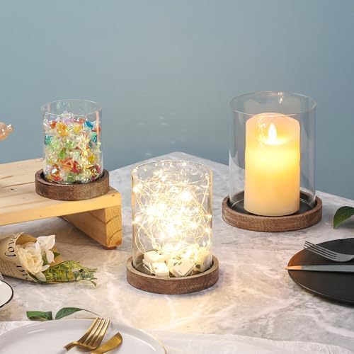 Set of 3 Glass Hurricane Candle Holders for Pillars with Vintage Natural Solid Wood Bases Crafted from Pine, Farmhouse Candlestick Holder, Centerpieces for Home, Garden, Table, Mantel, Wedding, Party - Image 3