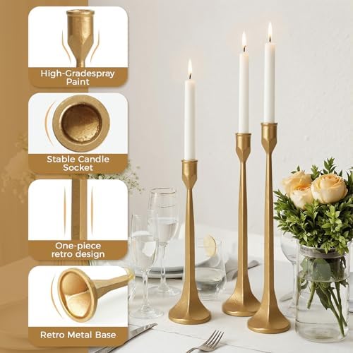 Vintage Gold Taper Candle Holders Set of 3 Cast Iron Brass Candlestick - Image 4