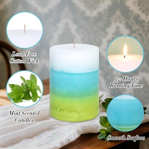 Mint Scented Pillar Candles - 3X4 Inch Aromatherapy Long Burning 35+ Hours, Clean Burning & Smoke-Free for Meditation Spaces, Home Offices - Image 3