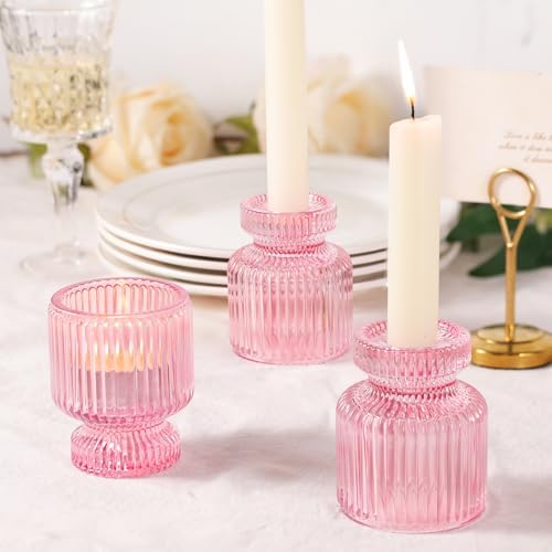 DARJEN 6 Pcs Pink Candlestick Holders - Glass Taper Candle Holders Tealight Votive Candle Holders for Table Centerpieces, Wedding, Dinner Party, Home, Gifts - Image 3