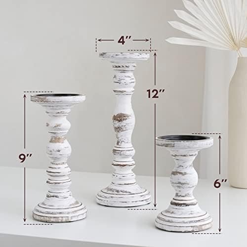 Wooden Pillar Candle Holder, Farmhouse Fireplace Mantel Decor, Rustic White - Image 3