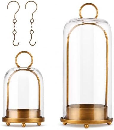 Hurricane Glass Candle Holders in Antique Brass, 5" & 4" Wide Gold Vintage Metal Candlesticks Holders for Pillar Candle Lantern with Handmade Thick Glass Dome, Industrial, Modern Home Decor (Brass) by Unknown