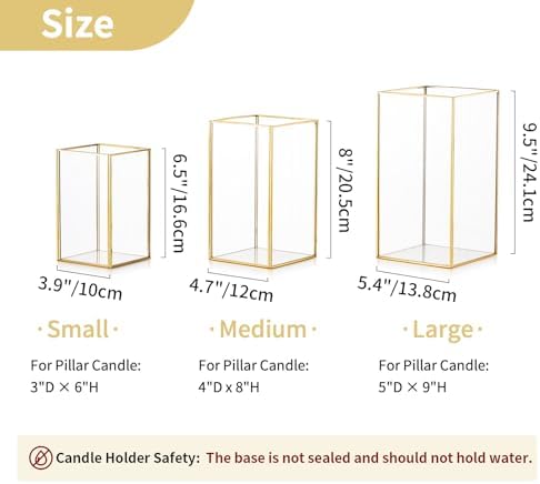 Nuptio Glass Hurricane Candle Holder Set of 3 Gold Pillar Candle Holders Large Rectangular Candleholder Table Centerpieces Decoration for Wedding Christmas Holiday Home Ornaments 9.5 & 8.1 & 6.5 inch - Image 5