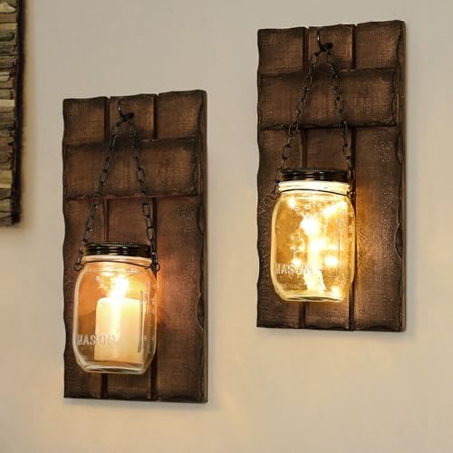 Wall Candle Sconces Set of 2, Candle Holder Rustic Home Decor, Farmhouse Mounted Wooden Candle Holders with Lights, Wall Decorations for Bedroom, Living Room, Kitchen, Bathroom by saiguomi