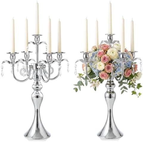 2 Pcs 20.3'' Tall 5 Arm Silver Candelabra Centerpiece for Table, Metal Crdystal Candle Holder, Retro Candlestick Table Centerpieces for Party, Events, Home, Wedding Decor (2, Silver) by KOLNLALA