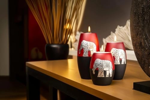 IYARA CRAFT 3 Wooden Candle Holders– Decorative Candle Holders with Inlaid Aluminium Antique Elephant – Intricate Details – Matte Wood Finish – Ideal for Modern & Rustic Settings (Rugby Shape) - Image 5