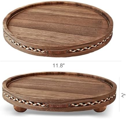 Farmhouse Decorative Round Tray, 11.81 Inch, Versatile Centerpiece Tray for Coffee Table Kitchen Living Room Bathroom, Home Decor Accent Rustic + Stripes - Image 2
