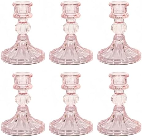 Pink Glass Candlestick Holders, Taper Candle Holders, Set of 6 by ECHFSM