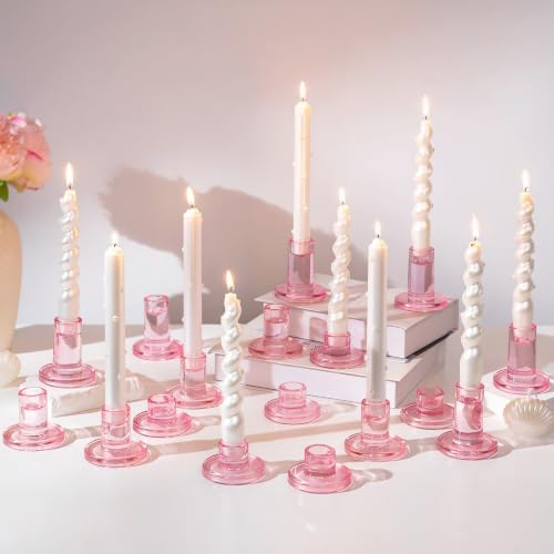 Hewory Pink Taper Candle Holders Bulk: 24PCS Glass Candlestick Holders by Hewory