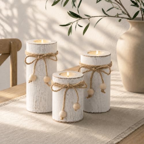 White Wooden Candle Holder with Flameless LED Candles Modern Boho Decor 3p - Image 5