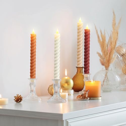 Baquler 6 Pcs Fall Flameless Taper Candle Twisted LED 9.65 Inch Fall Taper Candles Battery Operated Twisted Candlesticks for Thanksgiving Harvest Wedding Birthday Home Party Dinner Fireplace Decor - Image 5