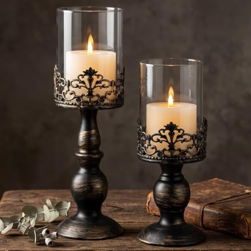 Sziqiqi Black Pillar Candle Holders: Gothic Metal Hurricane Candle Holders by SZIQIQI