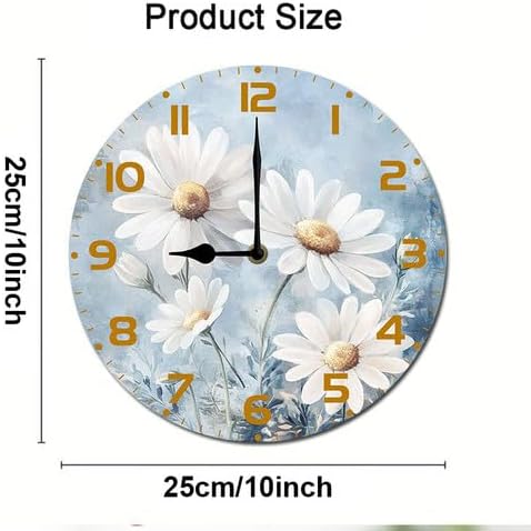 Chamomile Flowers Daisies Wooden Silent Non-Ticking 10 Inch Round Clocks Battery Operated Analog for Living Room Kitchen Bedroom Bathroom Office Home School Decor
