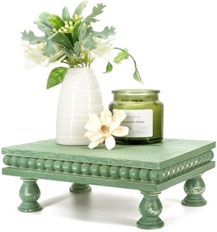 EOSAHR Wood Riser with Beaded: Pedestal Stand for Rustic Home Decor, Green by EOSAHR
