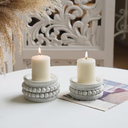 NIKKY HOME Farmhouse Beaded Wooden Pillar Candle Holders Set of 2, White by NIKKYHOME