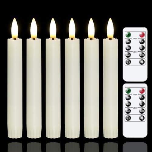 Yeelida Battery Operated Flameless Taper Candles with Two Remote Timer, 6.4" LED 3D-Wick Window Candles, Flickering Long-Lasting Warm Light Electric Pack of 6 Flameless Candlesticks (0.78" Dia,Ivory) by Yeelida