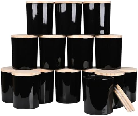 SHOWIN 10 OZ Thick Candle Jars for Making Candles 15 Pcs, Empty Jars with Wood Lids for Candle Making, Sample Container, Glossy Black by Showin