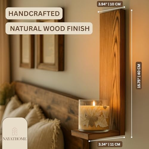 Wall Candle Sconces Set of 2, Rustic Wood Farmhouse Wall Decor, Vintage Brown Candle Holders for Living Room, Bedroom & Hallway - Image 2