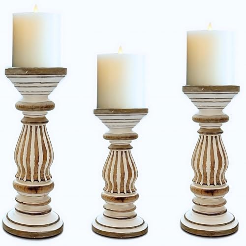 Perilla Home Wood Texture Candlestick Holders Set of 3 - Premium Candle Holders for Candlesticks, Taper Candles, Party, Anniversary, Dinning Table Vintage Candle Holder Centerpiece - (12" x 10" x8") by PerillaHome