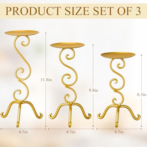 3 Pcs Gold Iron Candlestick Holders 11.8,9.8,6.3 Inch, Antique - Image 2