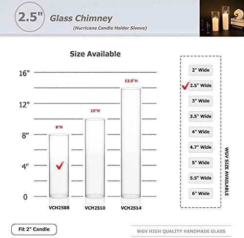 WGVI Clear Hurricane Candle Holder Sleeve, Wide 2.5", Height 8", 6 Pieces, Hurricane Vase, Glass Cylinder Open Ended Chimney Shade Tube For Pillar and Tapered Candleholder, Flame Cover. - Image 3