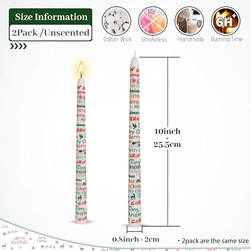 Christmas Printed Taper Candles–10 Inch Tall Red and Green Christmas Mixed Elements Unscented Smokeless YUKCAXDLS Candle for Holiday Table Centerpieces Party Decor - 2 Pack - Image 2