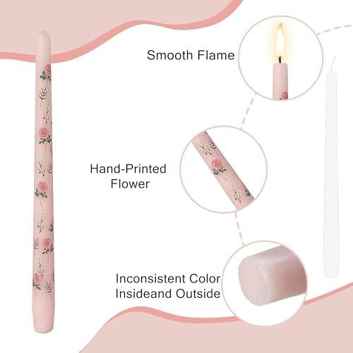 Rose Printed Taper Candle Smokeless- 4 Pack Handmade Pink Taper Candle - Dripless Uncented Candle 10 inches Long Flower Printed Tapered Candles for Mother's Day Home Wedding Restaurant Holiday Decor - Image 3