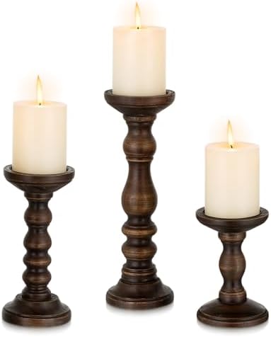 Romadedi Wood Pillar Candle Holders, Dark Brown Solid Wood, Set of 3 by ROMADEDI