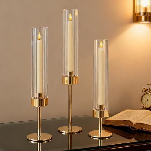 Metal & Acrylic Taper Candle Holders Set of 3 with Ribbed Design - Hurricane Clear Cylinder Candelabra for Wedding, Christmas, Party, Dining Table Centerpiece Decor (Gold, Set of 3) - Image 5