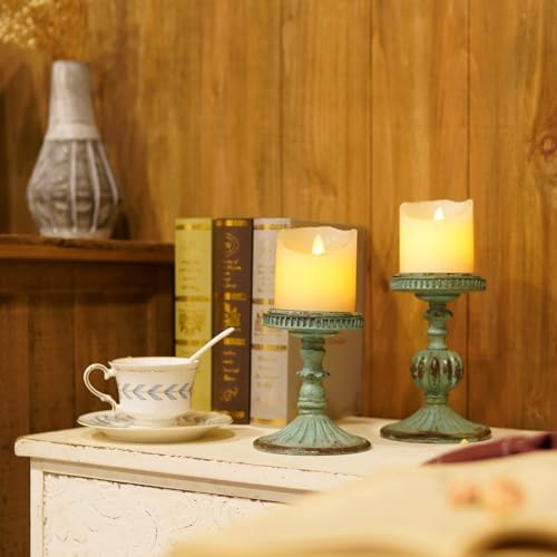 SOFFEE DESIGN Set of 2 Antique Resin Pillar Candle Holder Sets, Vintage Cylindrical Candlestick Stand Home Decor for Dining, Living Room, Mantel, Table Centerpiece, Retro Blue Candleholder Decor - Image 2