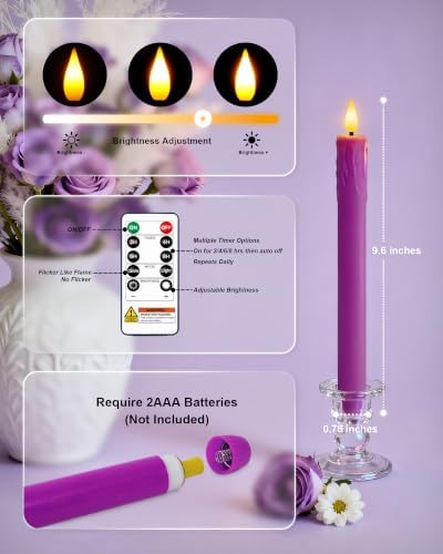 Homemory 3 Pcs Waxy Purple Flameless Taper Candles with Remote Timer, LED Fake Candlesticks, 9.6 Inches Battery Tall Candle with 3D Flickering Flame for Wedding, Dinner, Christmas Anniversary Decor - Image 6