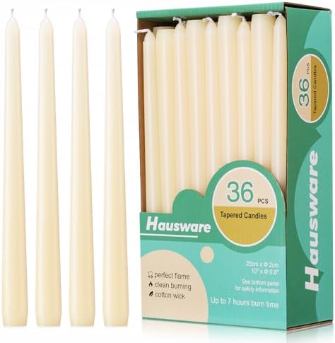 Hausware 36 Pack Taper Candles, 8 Hour Burn Time,Unscented Dripless and Smokeless, 10 inch Elegant Premium Quality Dinner Candle for Home Décor, Restaurant, Wedding, Party Candlesticks (Ivory) by Hausware+Candles