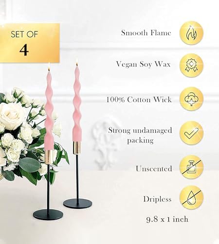 9.8" Pink Tall Taper Candle Sticks Dripless Taper Candle Handmade from Vegan Soy Wax for Holiday Wedding Party Home Dinner Decoration Party and Any Occasion,Set of 4(Pink) - Image 4