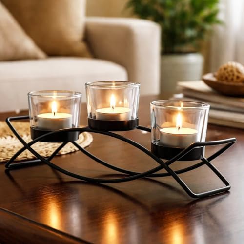 Seraphic Iron Arch Table Centerpiece Decorations Long Candle Holder for Weddings, Patio, Kitchen, Dining Room, and Coffee Tables, Black, Clear Chunky 3 Cups by Seraphic