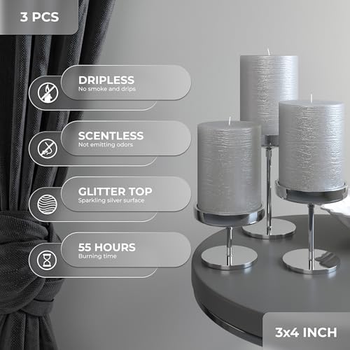 CANDWAX 3x4 inch Pillar Candles Set of 3 – Unscented Dripless Silver Candles for Event Decor, Weddings, Home Use - Image 3