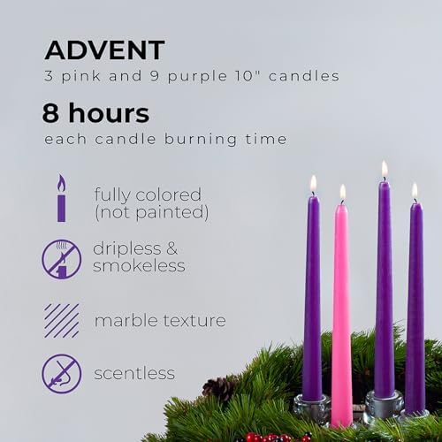 CANDWAX 10 Inch Advent Taper Candles Set of 12 - Long Burning Dripless Unscented Tapers - Perfect for Advent Wreaths, Christmas Décor - 9 Purple Tapers, 3 Pink Tapered Candles - Image 2