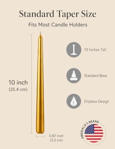 10 Inch Metallic Gold Taper Candles - Set of 12, 7-8 Hrs Long Burning, Dripless Smokeless Unscented Candlesticks, Premium Wax Blend for Wedding Christmas Dinner Parties and Luxury Home Decor - Image 6