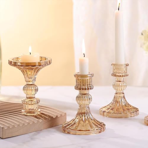 Glass Candlestick Holders Set of 6, Taper Candle Holder for Wedding Festival Christmas Party Valentine's Decor, Table Centerpieces (Amber) - Image 4