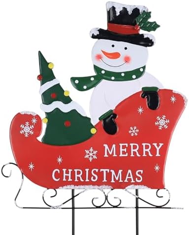Outdoor Christmas Decorations, Metal Snowman with Sleigh Decorative Garden Stakes for Outdoor Yard, Merry Christmas Signs for Outside Porch Lawn Pathway Xmas Decor by YEAHOME