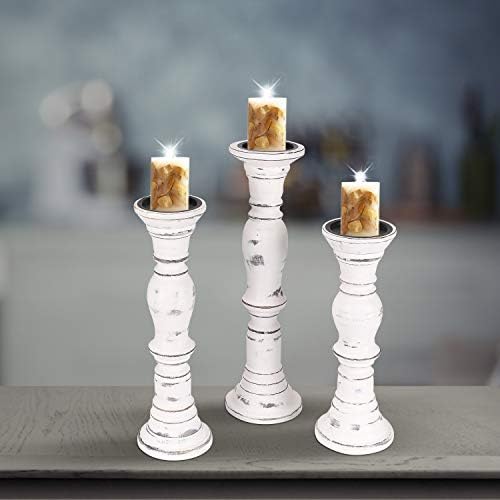 Candle Stands Wooden for Pillar Candles,Rounded Turned Colums, Sustainable Woods, Country Style, Idle for Reiki, Aromatherapy, Votive Candle Garden Home décor - 16,14,12 Inch Set of 3 - White Antique - Image 6