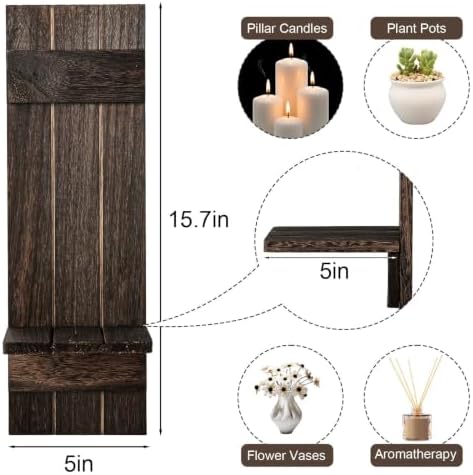 Wall Candle Holders Set of 2, Farmhouse Dark Brown Wood Sconces, 15.7"x5" - Image 2