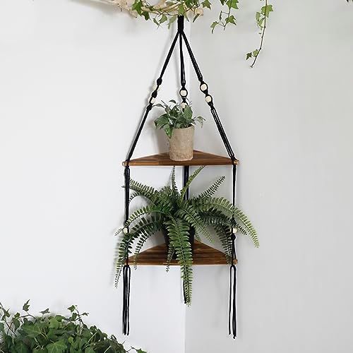Artilady Corner Shelf Macrame Wall Hanging Balck, Boho Wood Storage Decor by Artilady