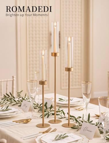 Romadedi Tall Glass Hurricane Candle Holder Gold for Taper Sticks, Set of 3 - Image 2