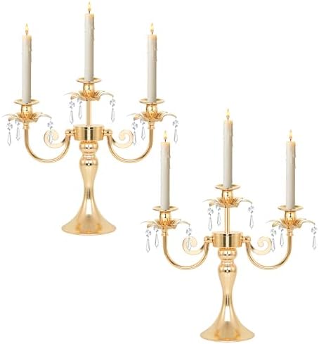 Metal 3 Arm Candelabra with Crystal Pendants - 11.8 Inch Tall Candle Holders, Set of 2 - Elegant Taper Candlestick Stand for Wedding, Dining Table, Christmas Party Home Decoration (2, Gold) by kehail