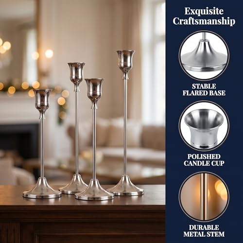 Silver Taper Candle Holders 2 Sets(6 Pcs) - Tall Metal Candlestick Holders for Table Centerpiece, Formal Dinner, Wedding, Fireplace Mantel Decor, Fits 3/4 Inch Thick Candles - Image 3