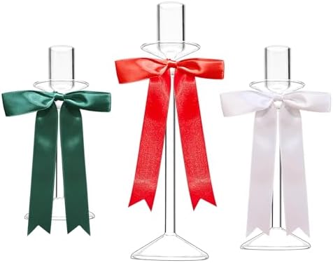 CHILL RECIPE Christmas Candle Holder Glass Taper Candlestick Holders with Built-in Candle Drip Protectors Bows Decor for Table Centerpiece Wedding Party Christmas(Red Green White) by CHIILLRECIPE