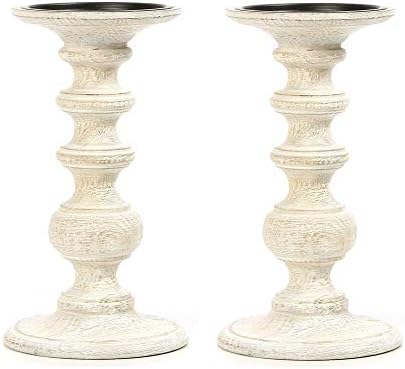 Hosley Set of 2 Antique White Wood Pillar Candle Holders 9 Inch - Wedding Centerpiece Home Decor, Spa Aromatherapy, Events, Gifts by HOSLEY